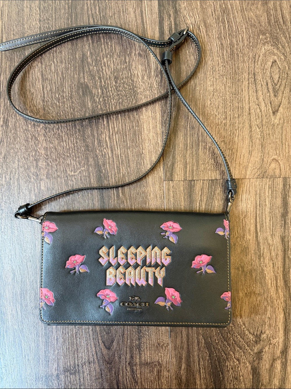 Coach Black Crossbody Wallet with Pink Floral 'Sleeping Beauty' Applique